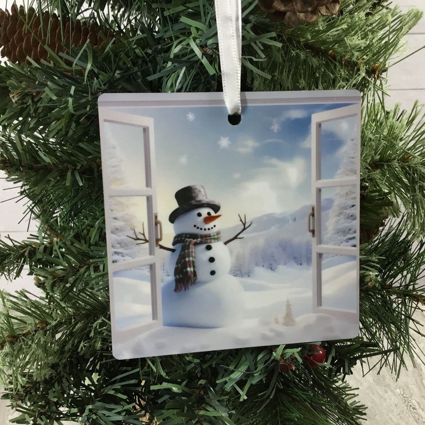 Snowman Window Scene Christmas Ornament Double-Sided 4" Square Winter Decor