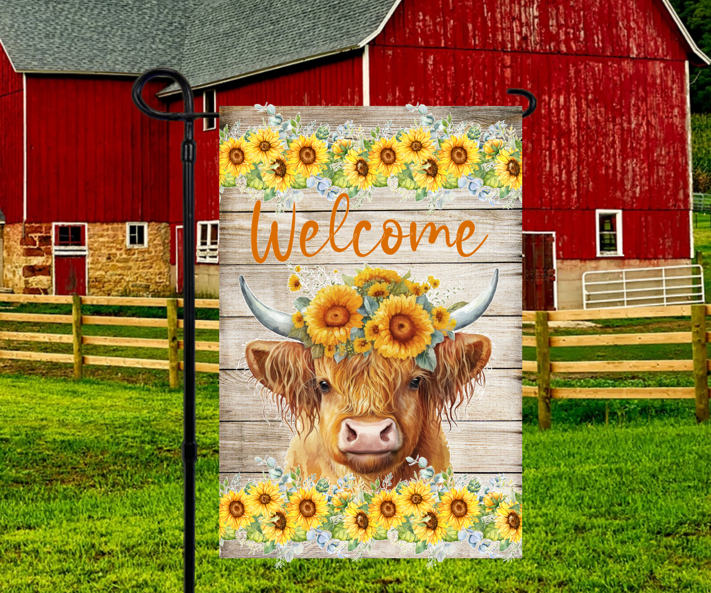 Highland Cow Sunflowers Welcome Garden Flag