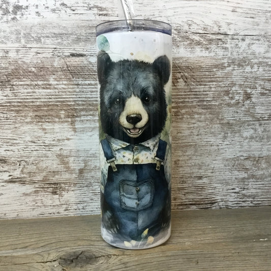 Bear in Denim Bib Overalls 20 oz Skinny Tumbler with Straw & Lid