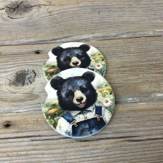 Bear in Bib Overalls Car Coasters, Set of 2