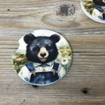 Bear in Bib Overalls Car Coasters, Set of 2