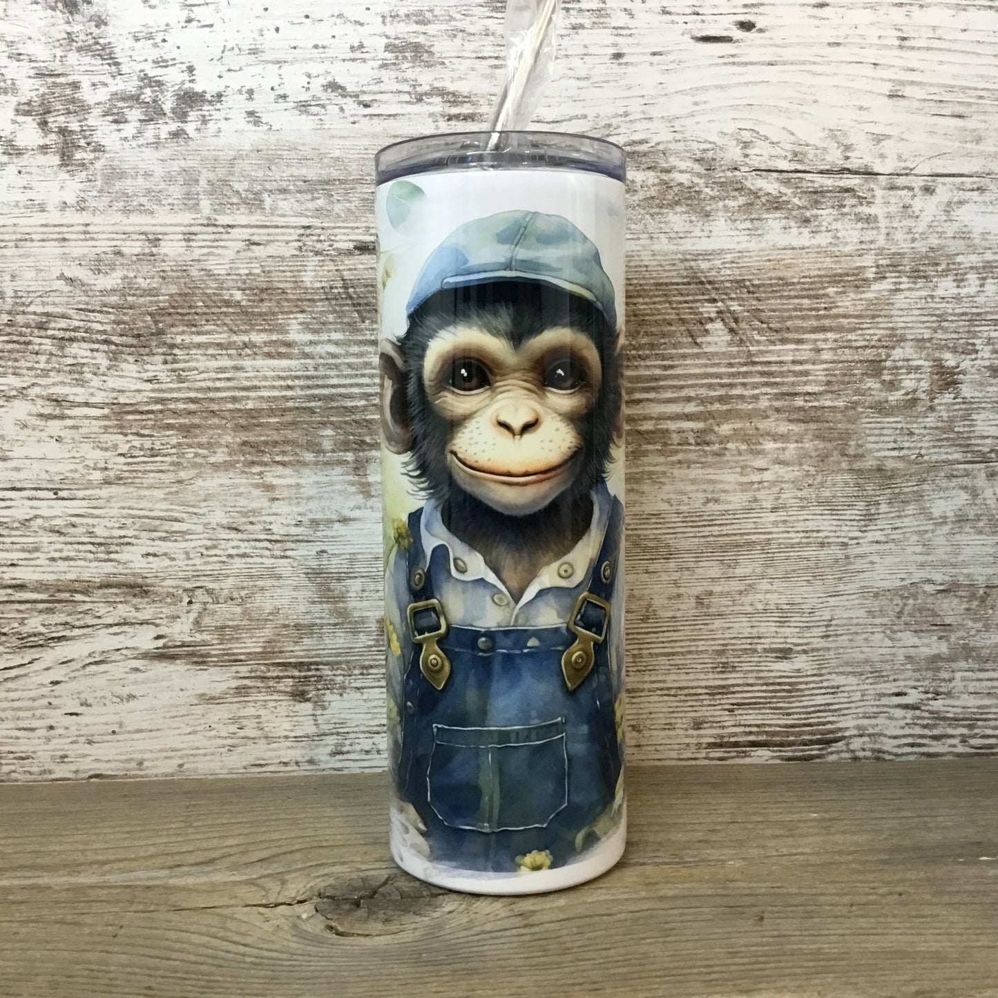 Monkey in Denim Bib Overalls 20 oz Skinny Tumbler with Straw & Lid