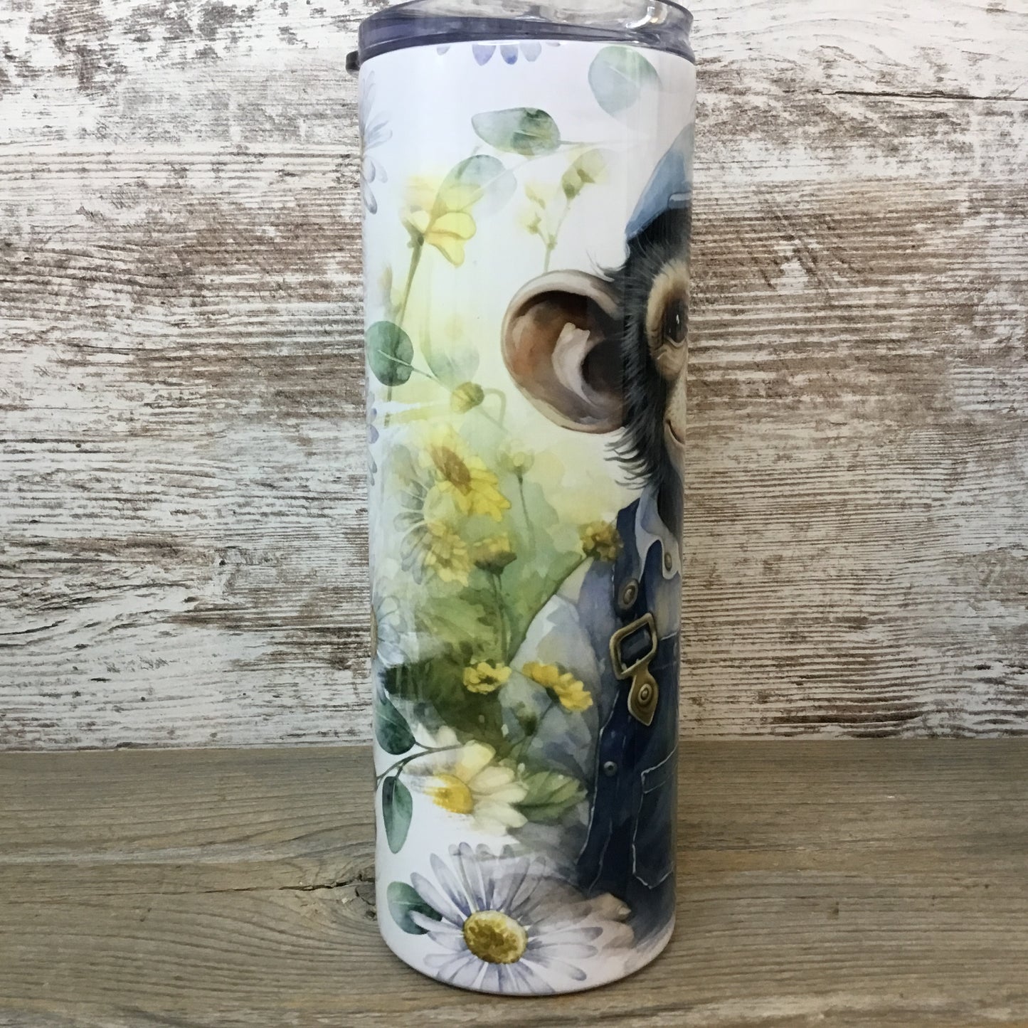 Monkey in Denim Bib Overalls 20 oz Skinny Tumbler with Straw & Lid