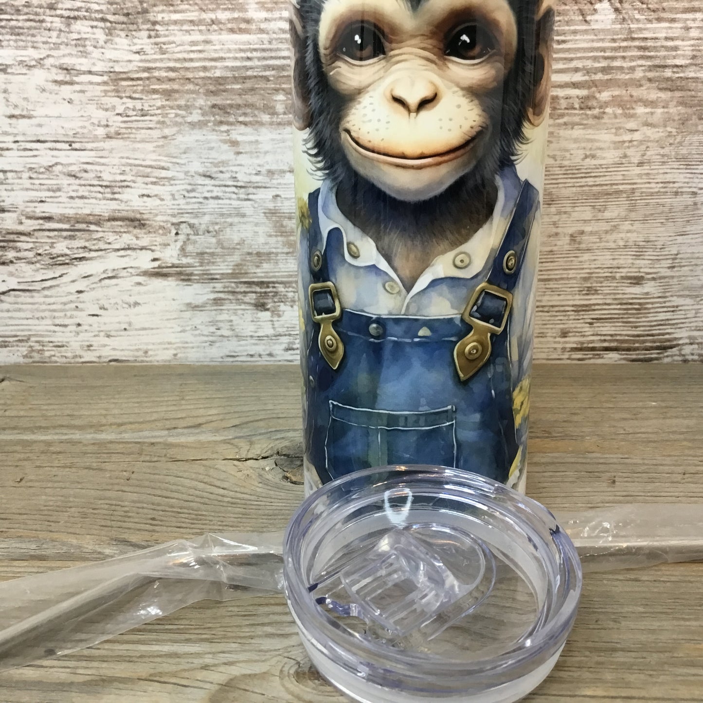 Monkey in Denim Bib Overalls 20 oz Skinny Tumbler with Straw & Lid