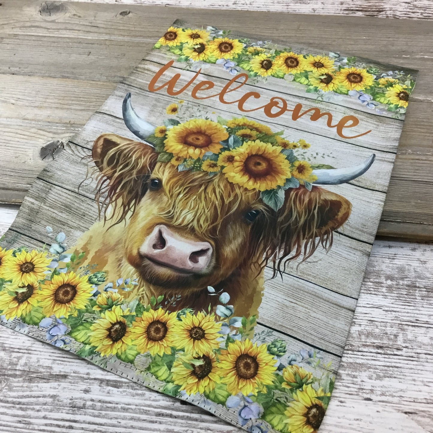 Highland Cow Sunflowers Welcome Garden Flag