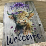 Welcome Highland Cow Purple Flowers Garden Flag