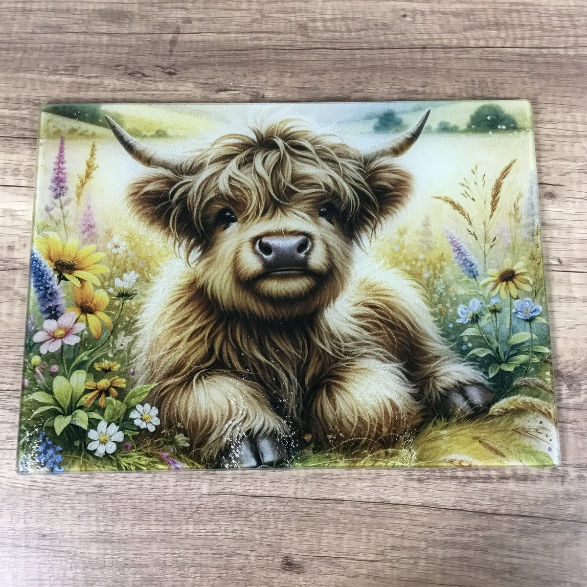 Highland Cow Calf Floral Glass Cutting Board