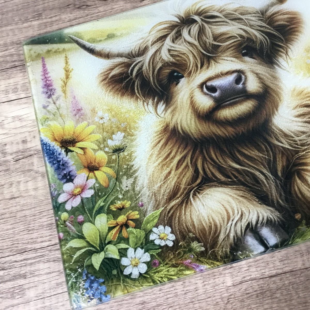 Highland Cow Calf Floral Glass Cutting Board