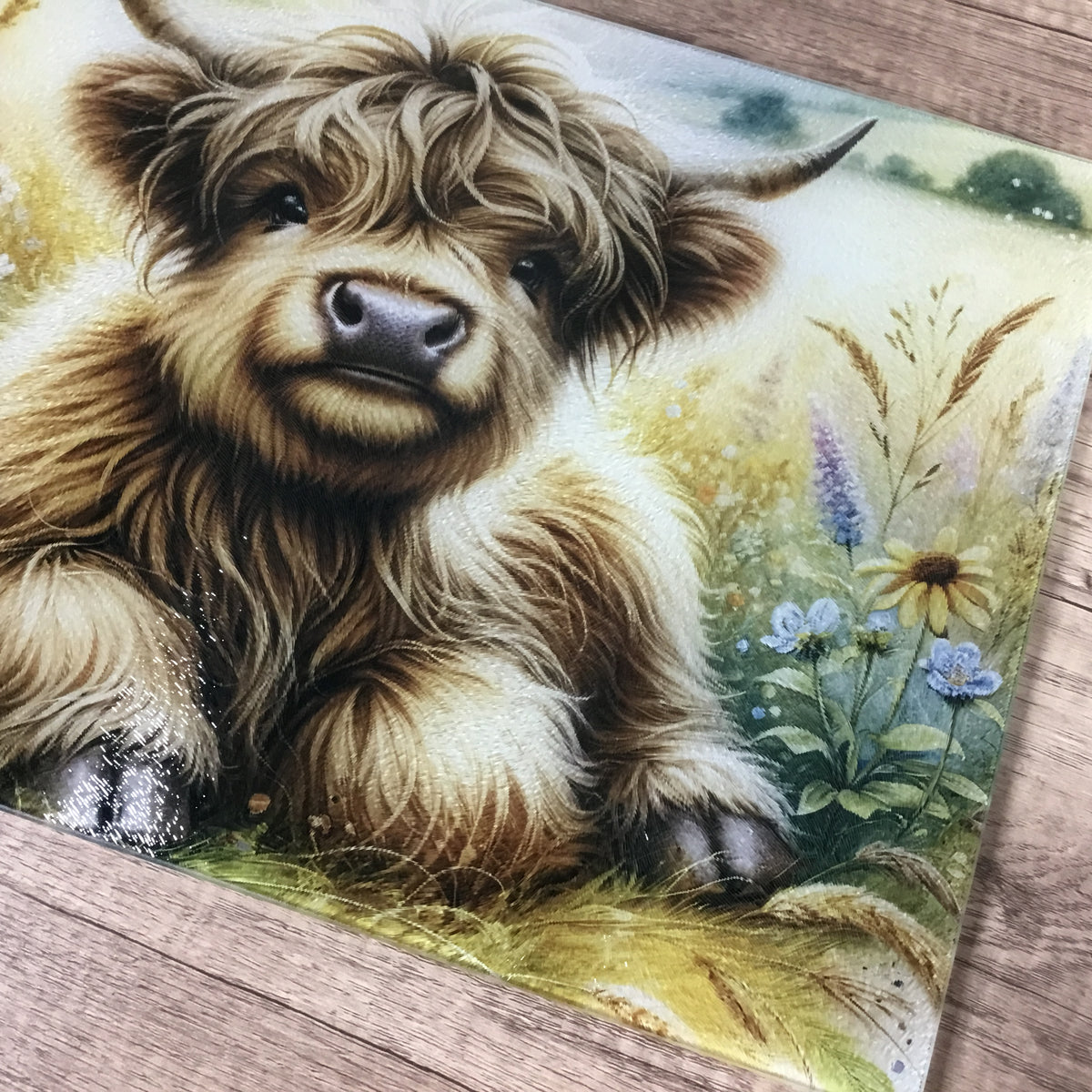 Highland Cow Calf Floral Glass Cutting Board