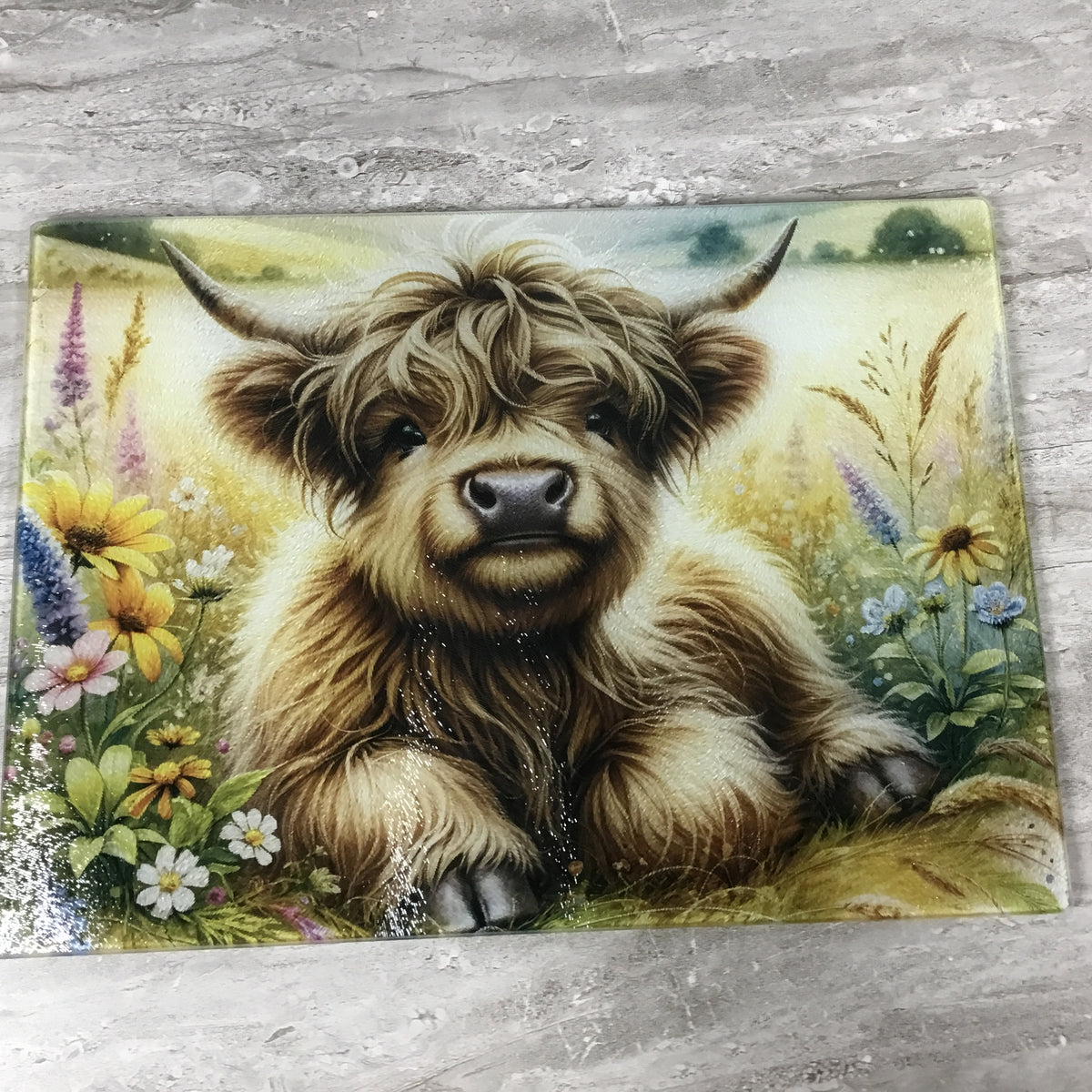 Highland Cow Calf Floral Glass Cutting Board