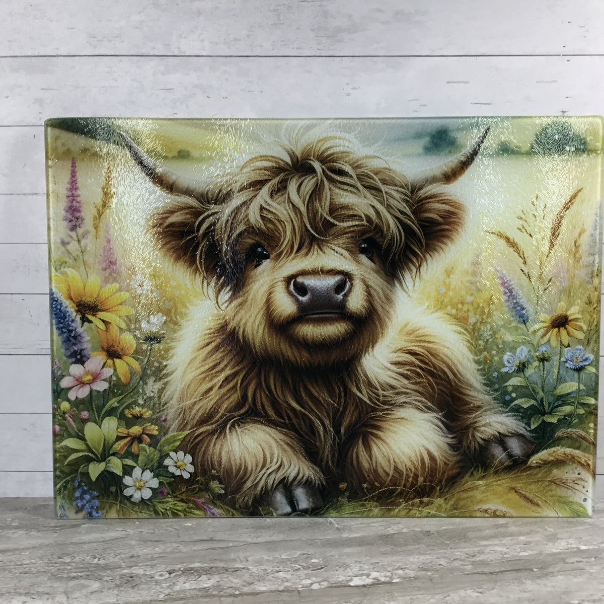 Highland Cow Calf Floral Glass Cutting Board