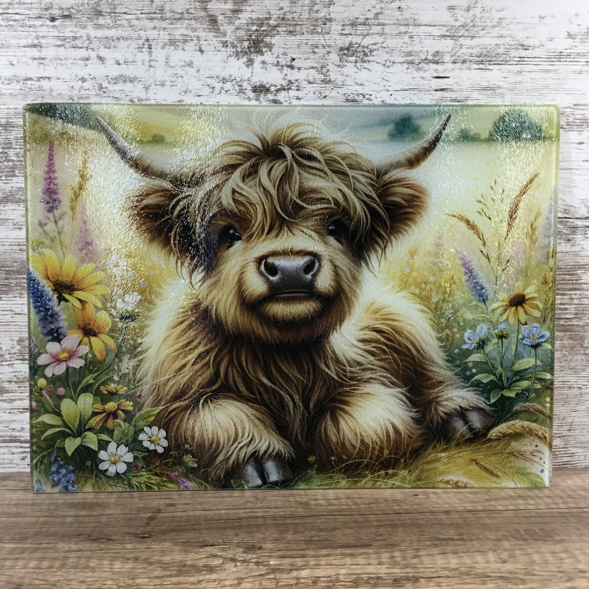Highland Cow Calf Floral Glass Cutting Board