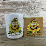 Sunflower Gnome Live Life in Full Bloom Coffee Mug with Matching Coaster