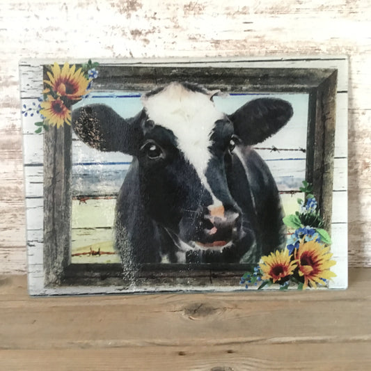 Holstein Cow Glass Cutting Board - Farmhouse Sunflower Kitchen Decor