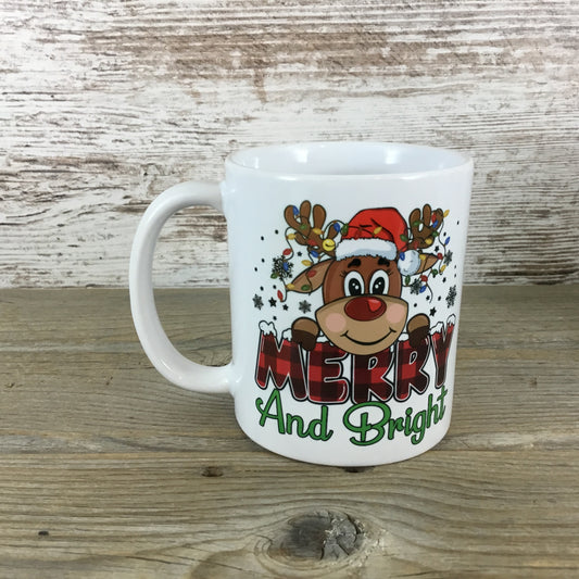 Merry and Bright Reindeer Christmas 11 oz Ceramic Coffee Mug