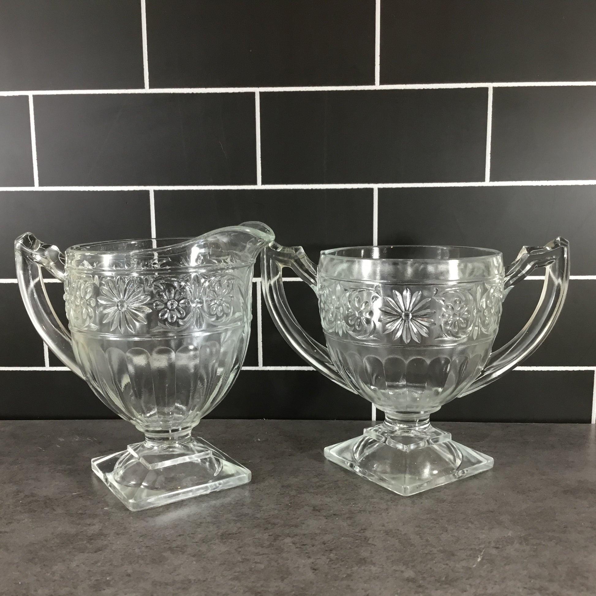 Vintage Indiana Clear Glass Daisy Pattern Footed Cream and Sugar