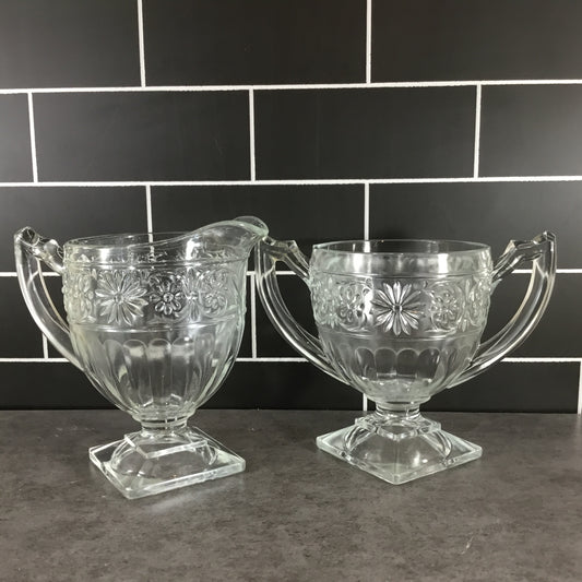 Vintage Indiana Clear Glass Daisy Pattern Footed Cream and Sugar