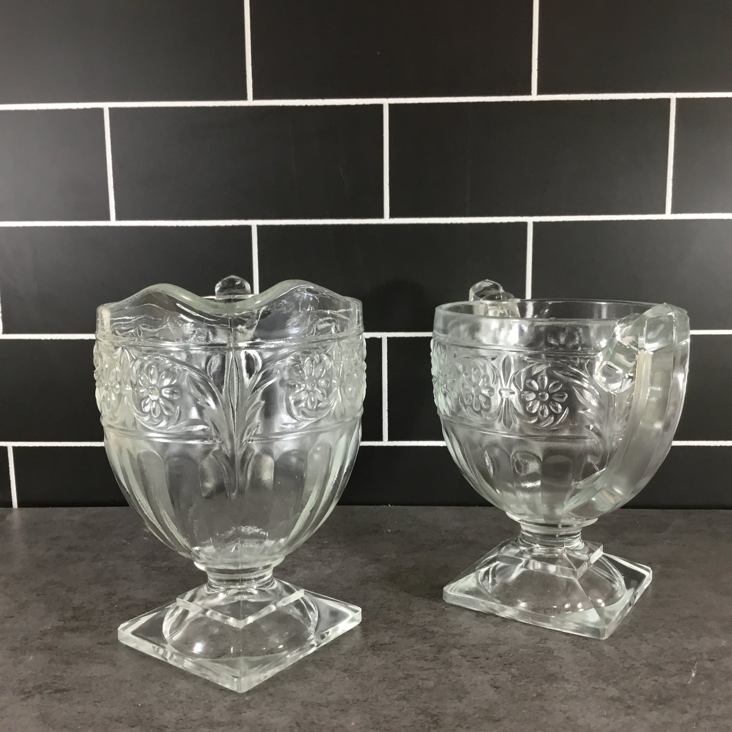 Vintage Indiana Clear Glass Daisy Pattern Footed Cream and Sugar
