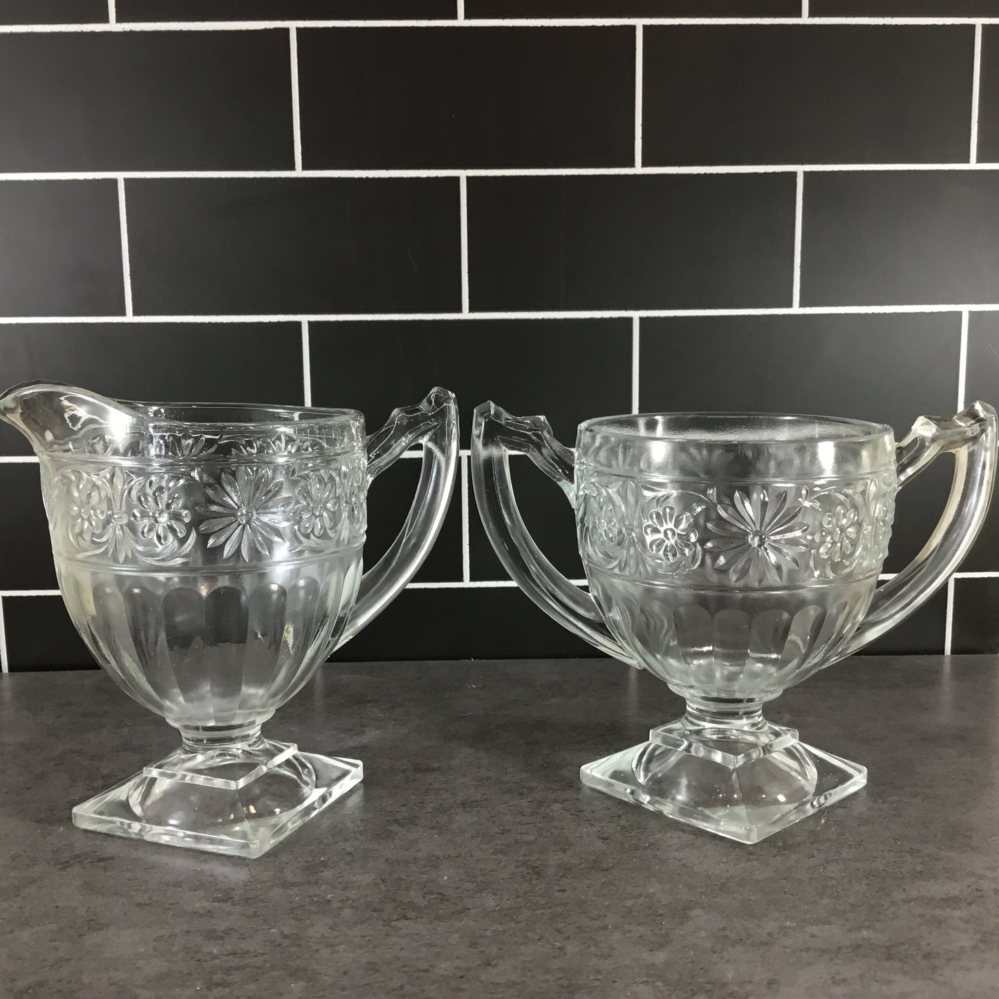 Vintage Indiana Clear Glass Daisy Pattern Footed Cream and Sugar