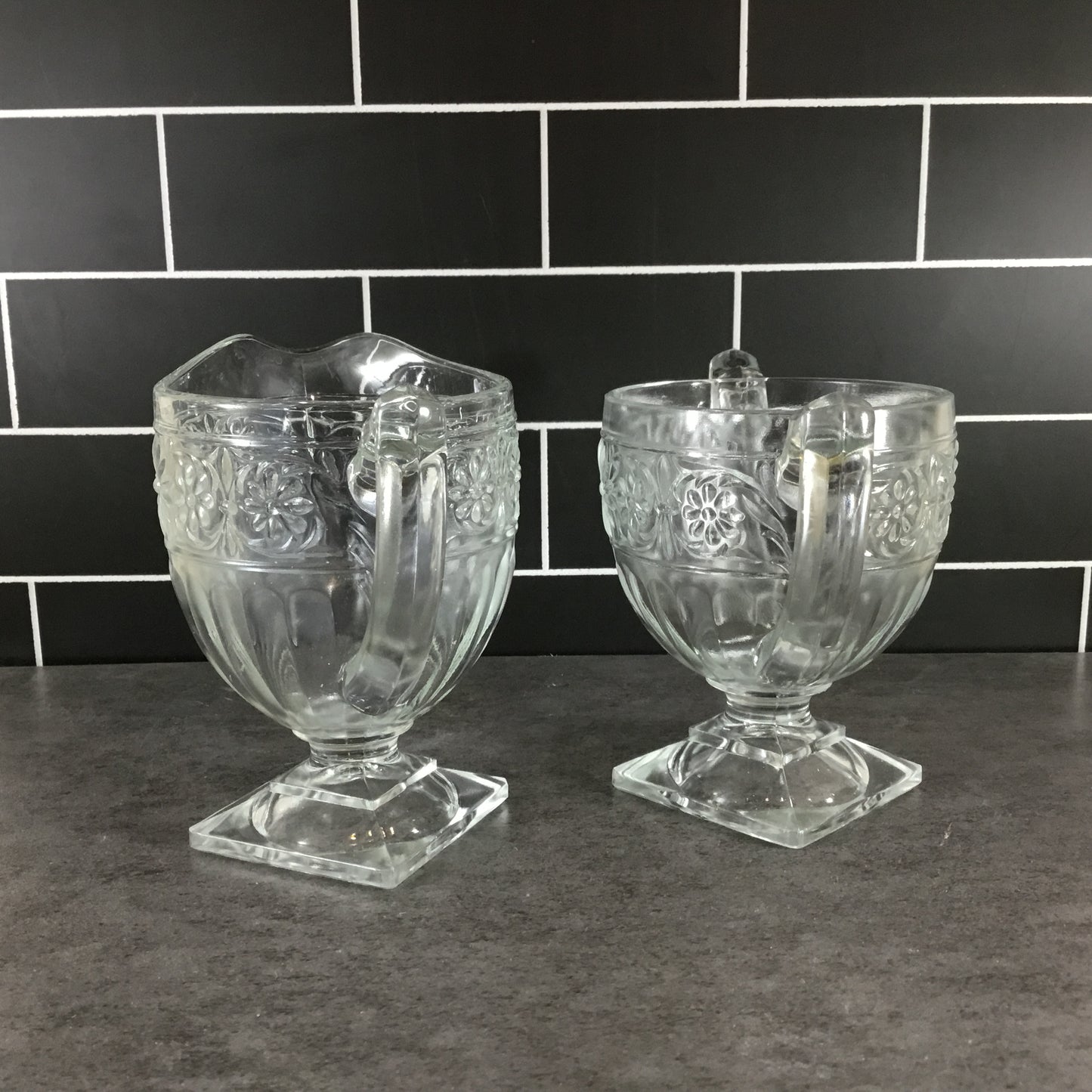 Vintage Indiana Clear Glass Daisy Pattern Footed Cream and Sugar