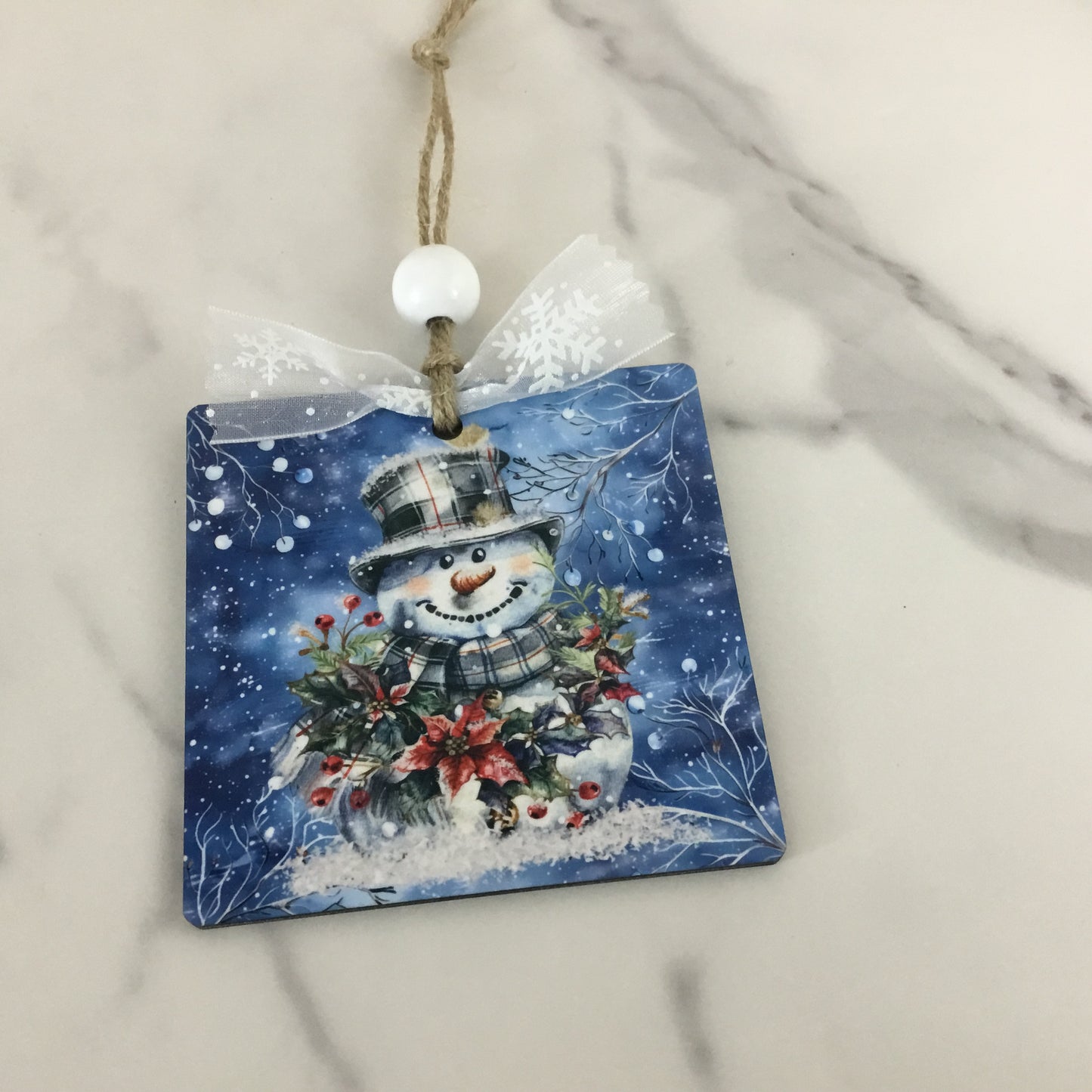 Plaid Snowman Christmas Ornament  3.5" Square Wooden Ornament