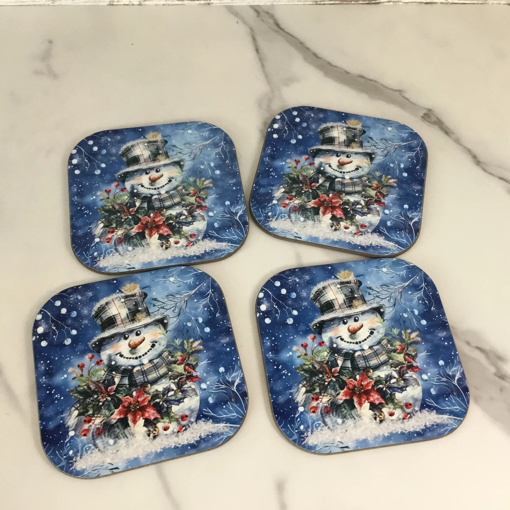 Snowman Hardboard Coasters Plaid Top Hat, Wintery Blue Background Set of 4