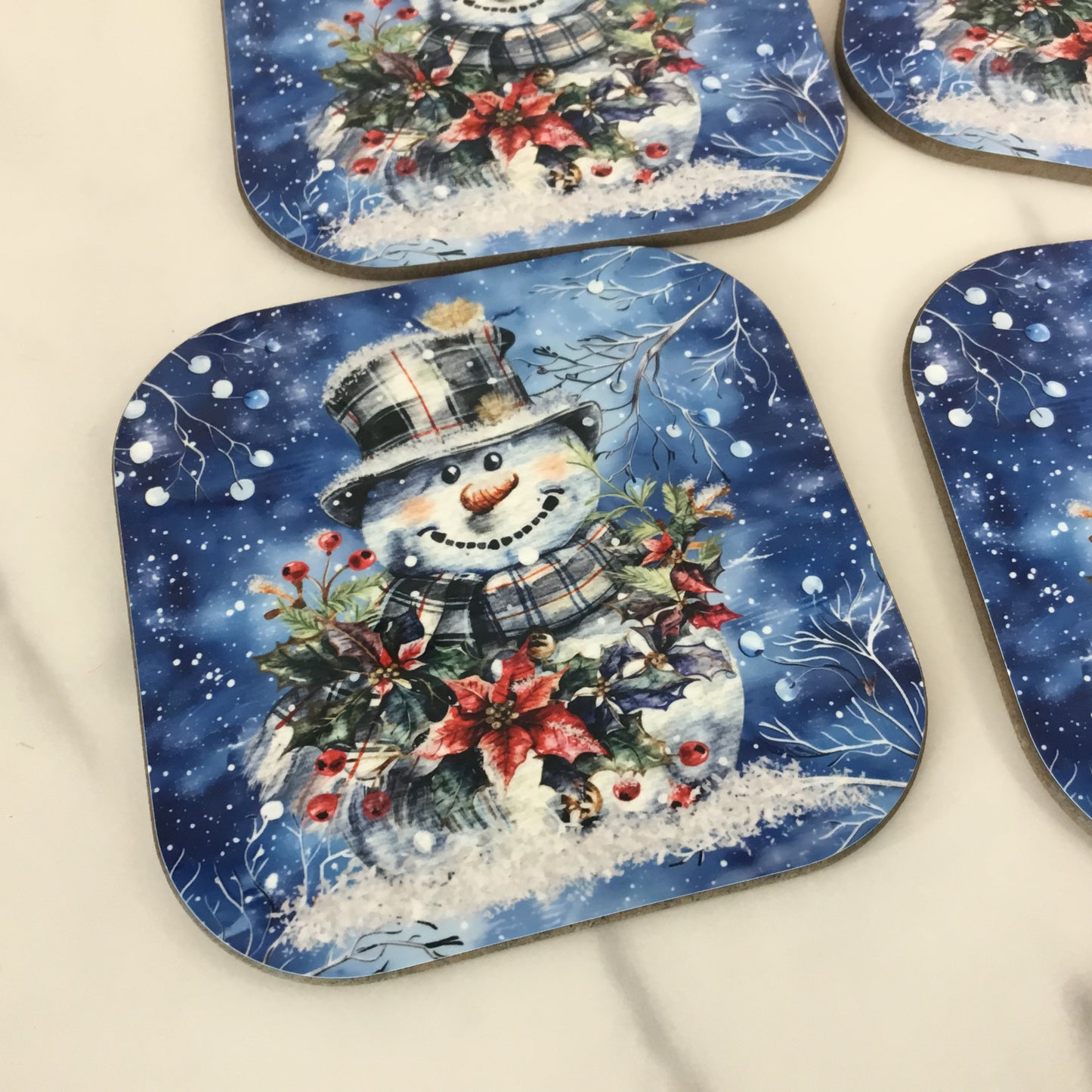 Snowman Hardboard Coasters Plaid Top Hat, Wintery Blue Background Set of 4