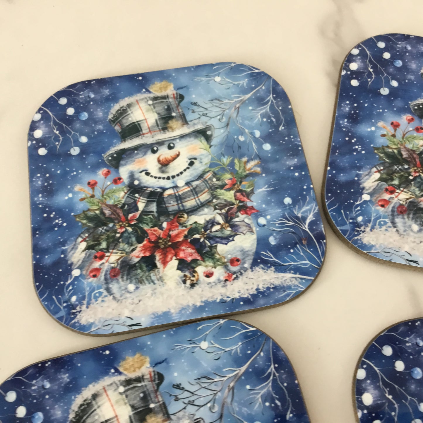 Snowman Hardboard Coasters Plaid Top Hat, Wintery Blue Background Set of 4