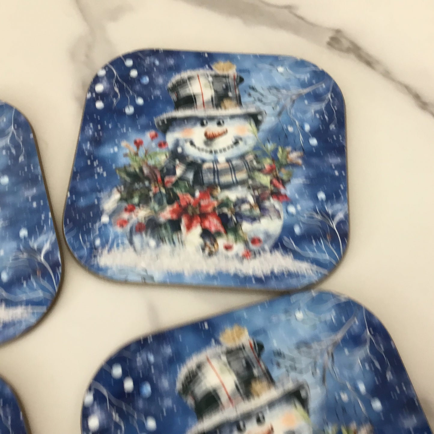 Snowman Hardboard Coasters Plaid Top Hat, Wintery Blue Background Set of 4