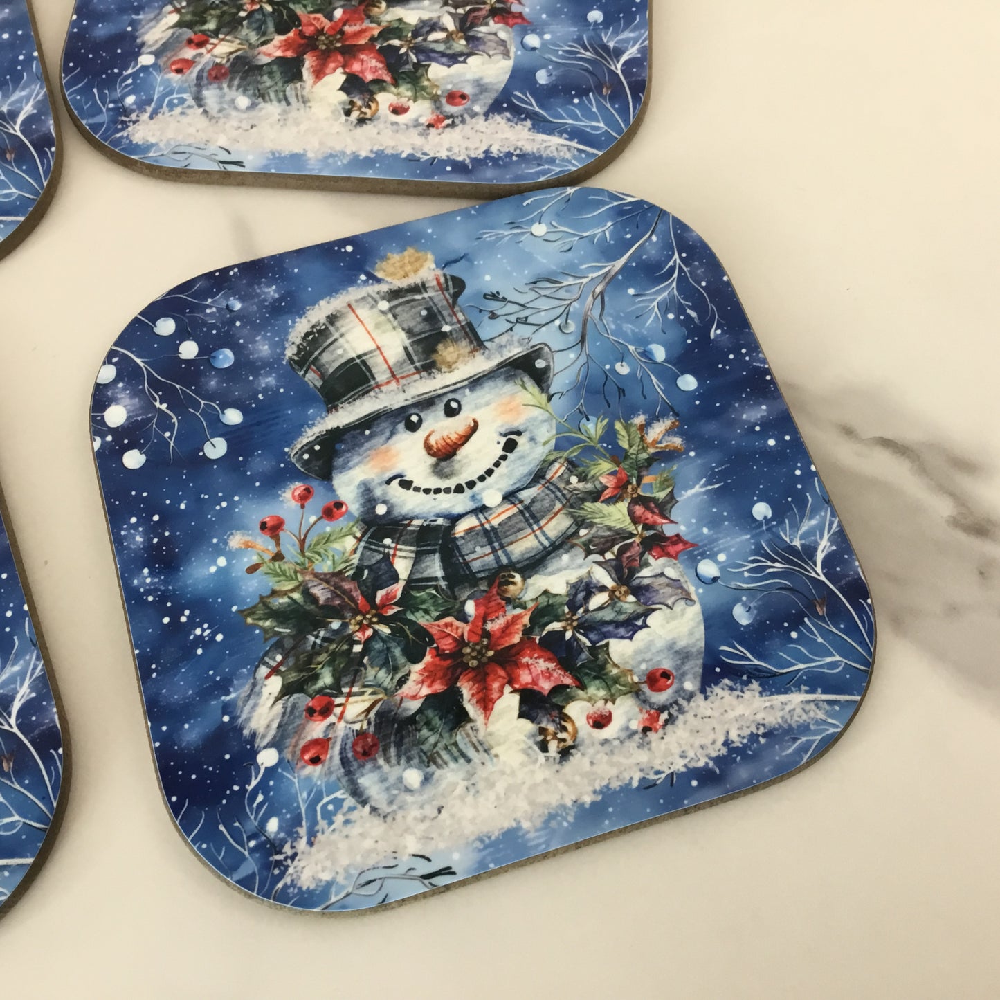 Snowman Hardboard Coasters Plaid Top Hat, Wintery Blue Background Set of 4