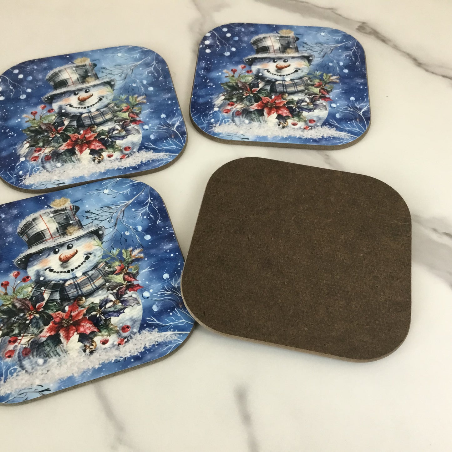 Snowman Hardboard Coasters Plaid Top Hat, Wintery Blue Background Set of 4