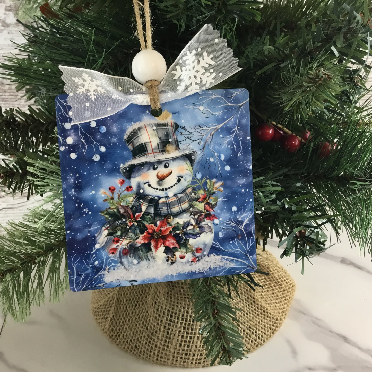 Plaid Snowman Christmas Ornament  3.5" Square Wooden Ornament