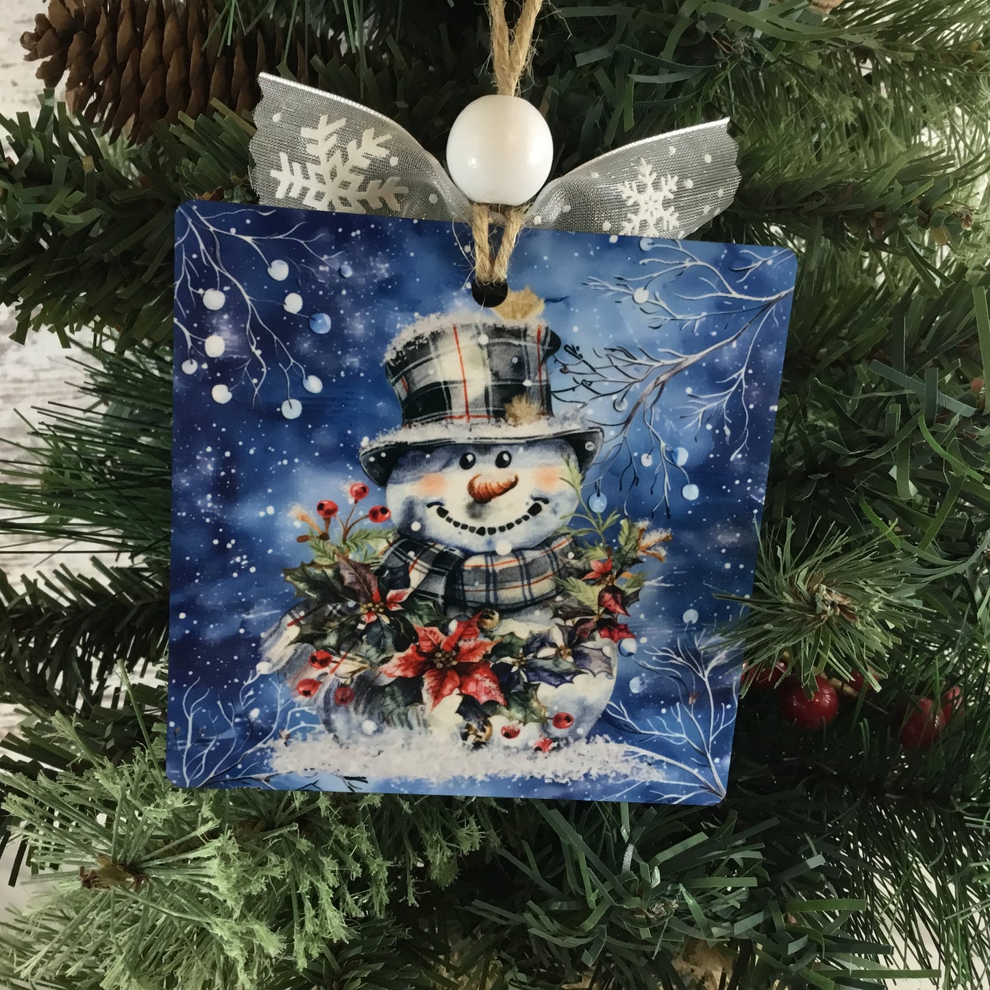 Plaid Snowman Christmas Ornament  3.5" Square Wooden Ornament