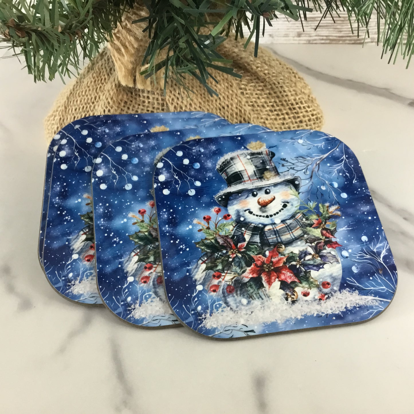 Snowman Hardboard Coasters Plaid Top Hat, Wintery Blue Background Set of 4