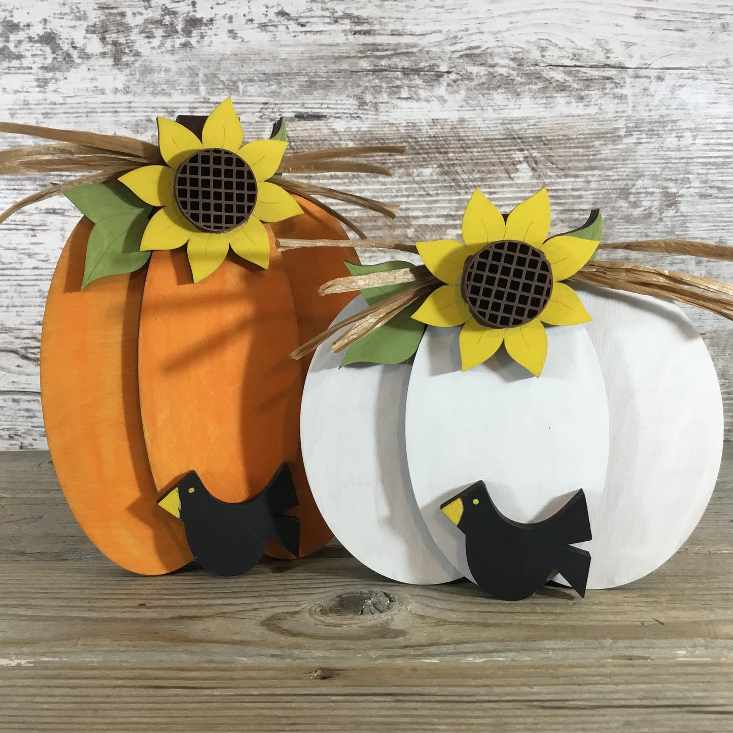 Hand-Painted Wood Pumpkin Set – Sunflowers, Black Bird & Raffia – Fall Decor