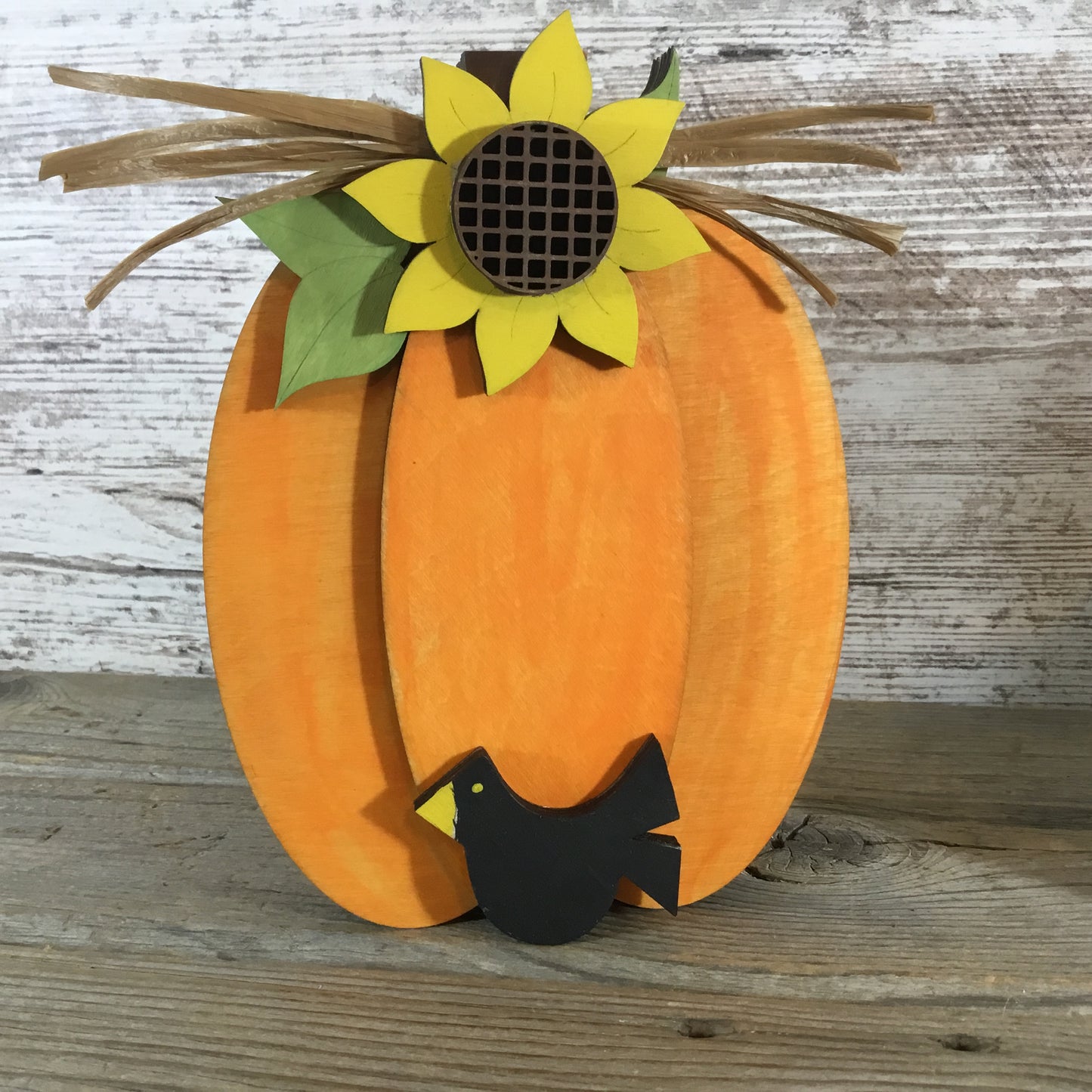 Hand-Painted Wood Pumpkin Set of 2 – Sunflowers, Black Bird