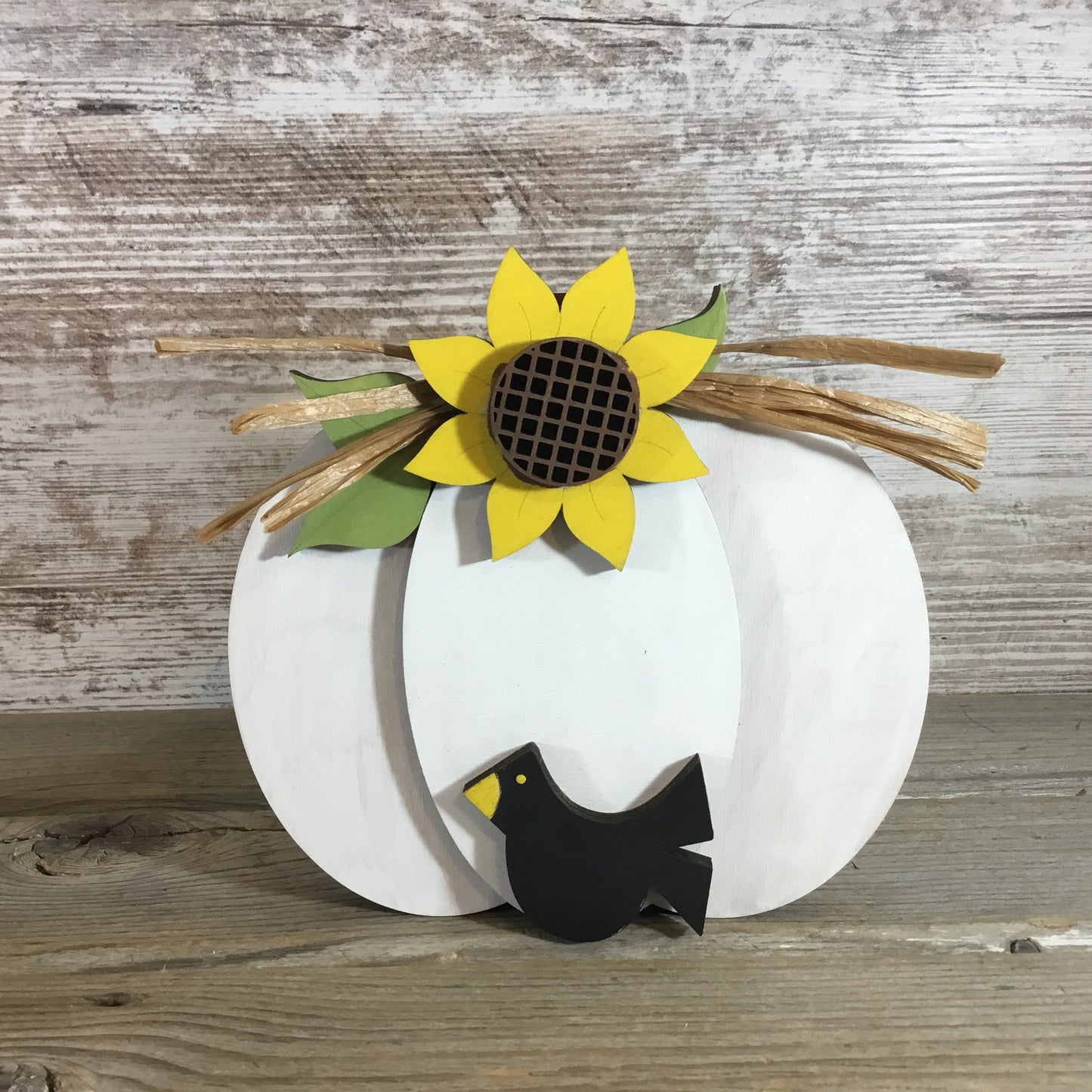 Hand-Painted Wood Pumpkin Set of 2 – Sunflowers, Black Bird