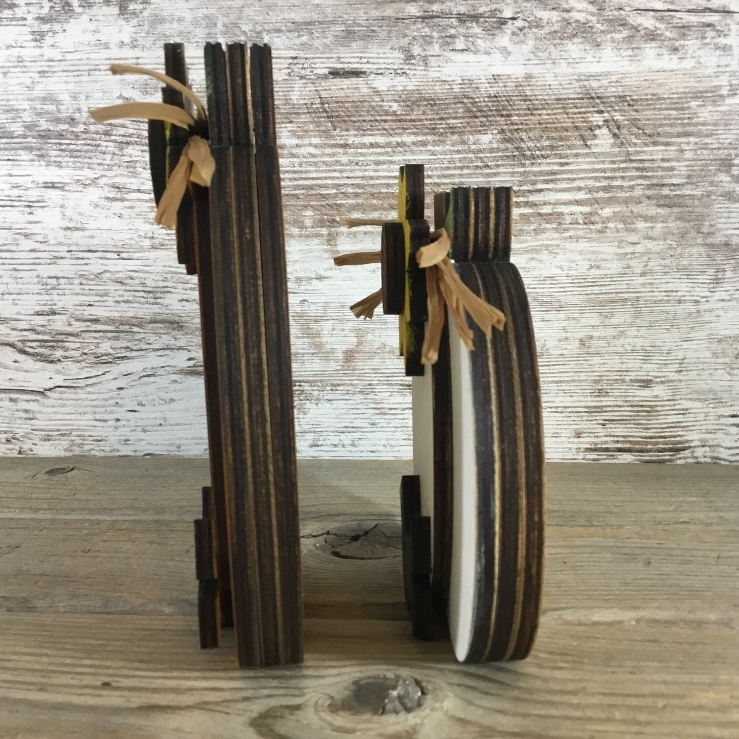 Hand-Painted Wood Pumpkin Set of 2 – Sunflowers, Black Bird