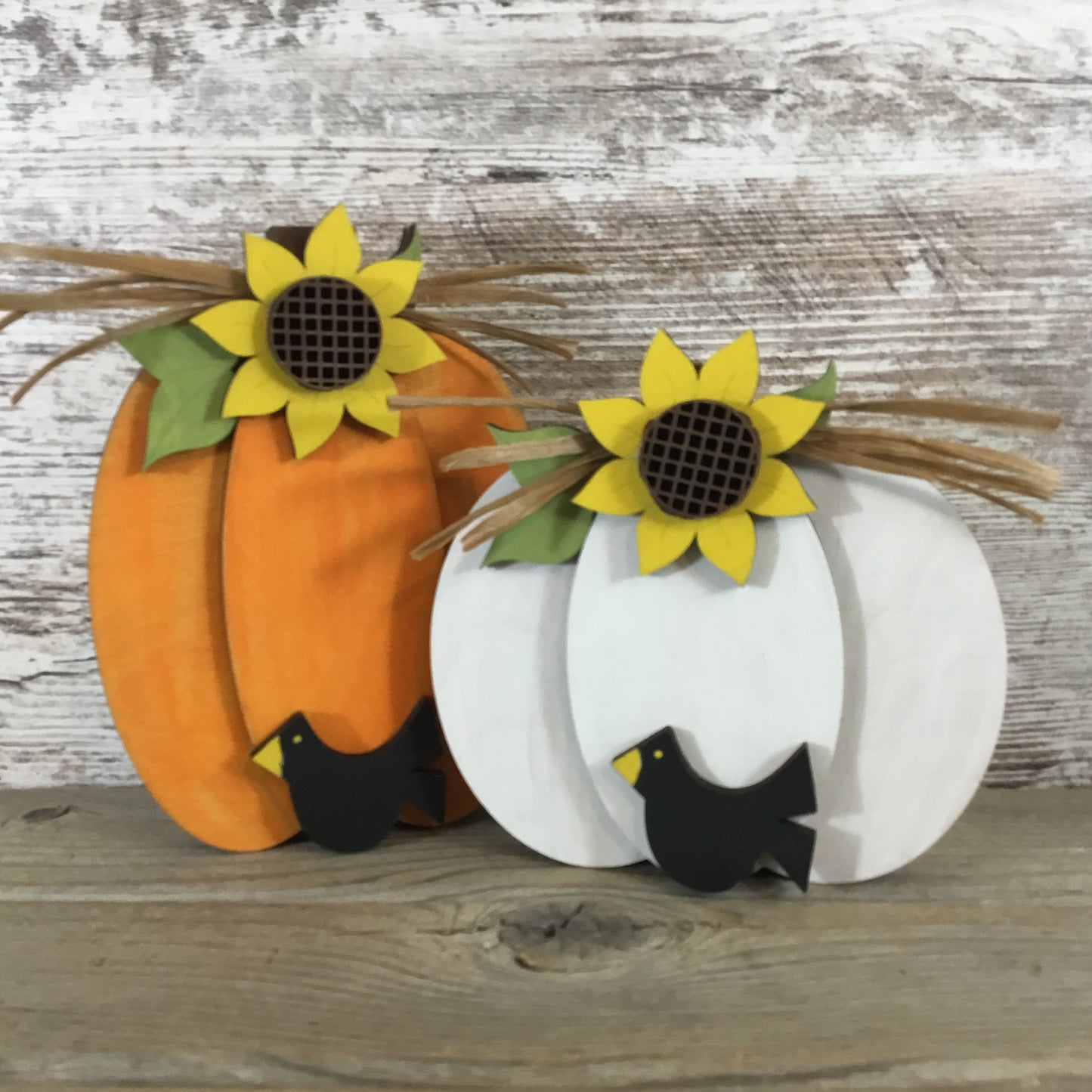 Hand-Painted Wood Pumpkin Set of 2 – Sunflowers, Black Bird