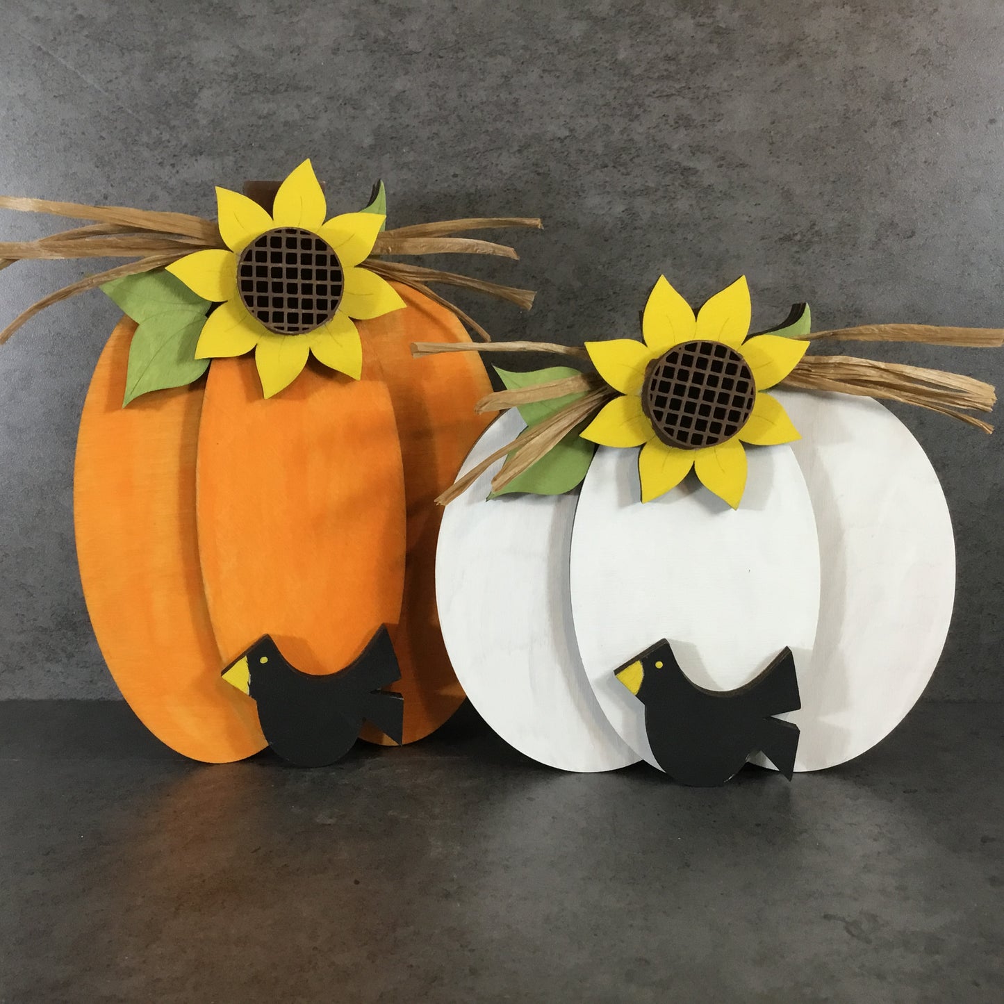 Hand-Painted Wood Pumpkin Set of 2 – Sunflowers, Black Bird