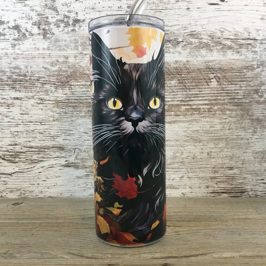 Black Cat Fall Leaves 20 oz Skinny Tumbler