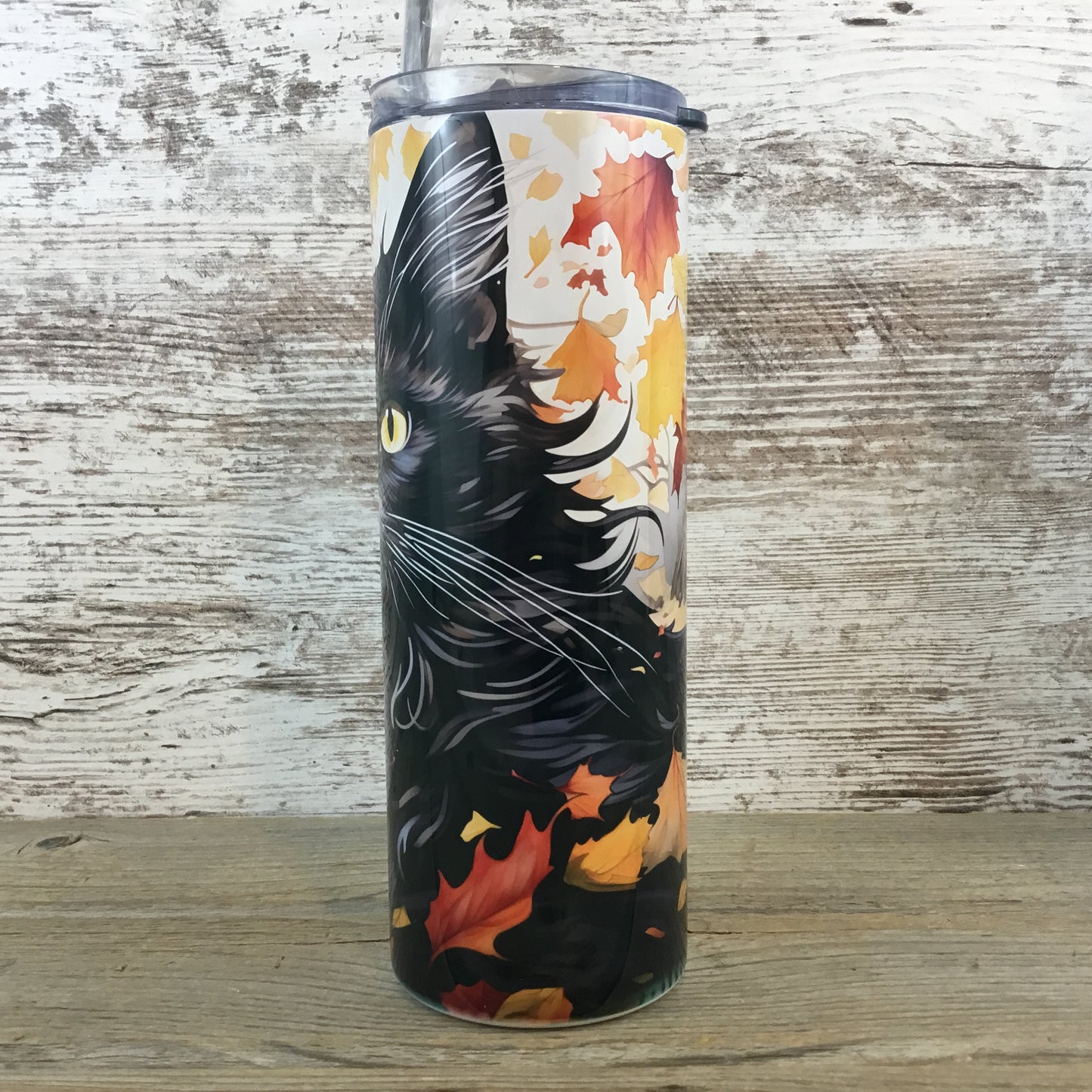 Black Cat Fall Leaves 20 oz Skinny Tumbler