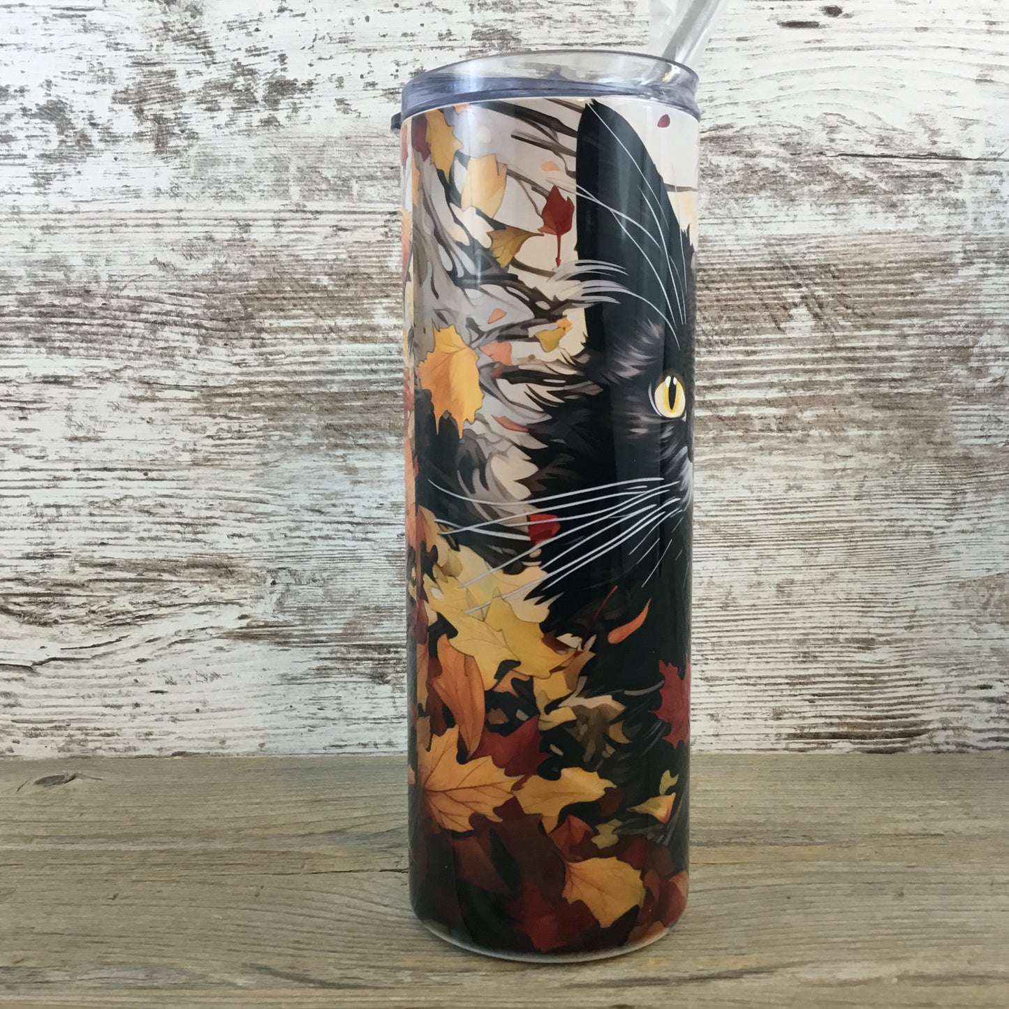 Black Cat Fall Leaves 20 oz Skinny Tumbler