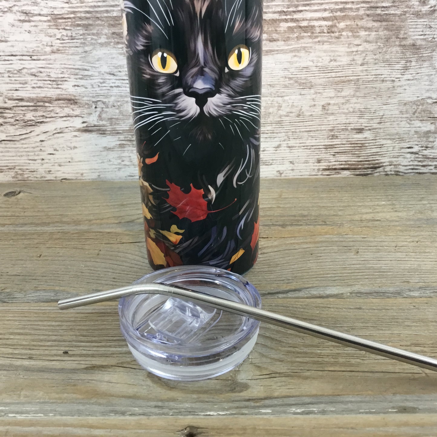 Black Cat Fall Leaves 20 oz Skinny Tumbler