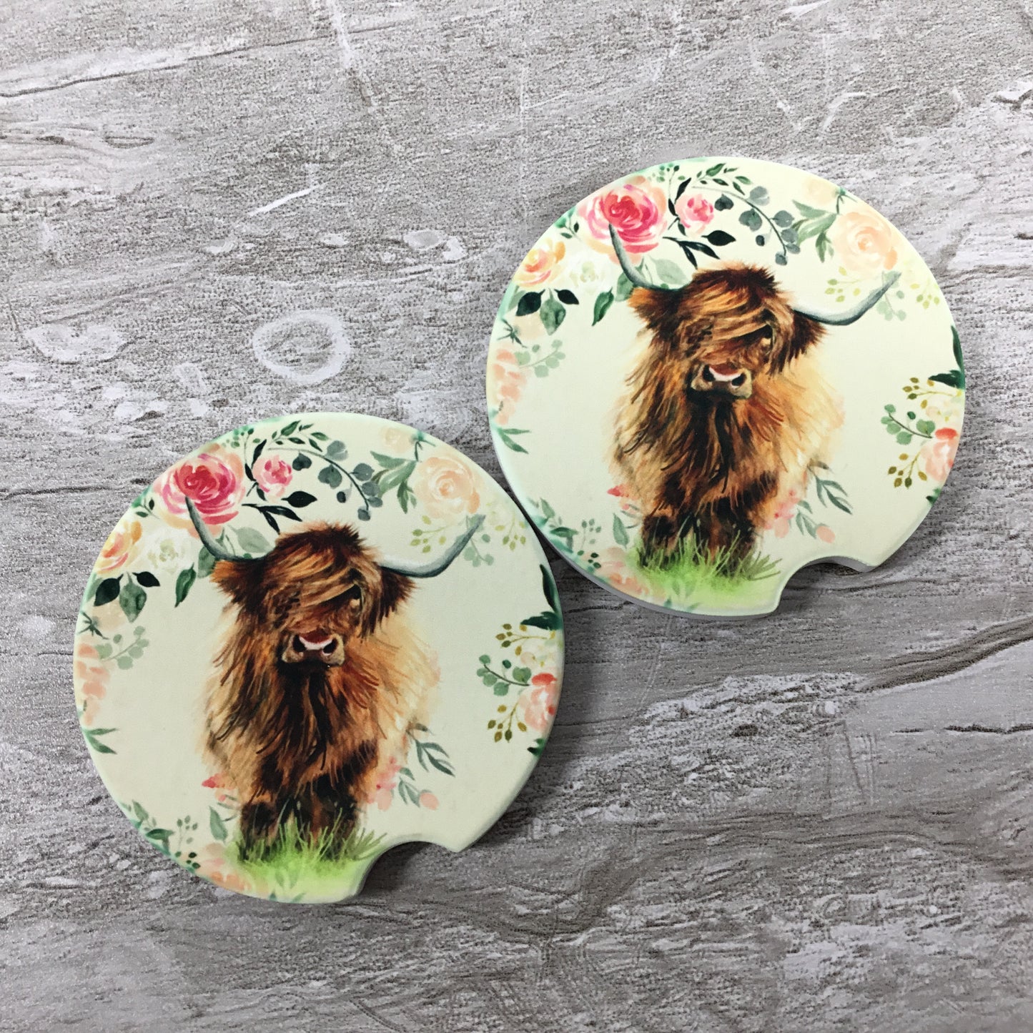 Floral Highland Cow Car Coasters, Set of 2
