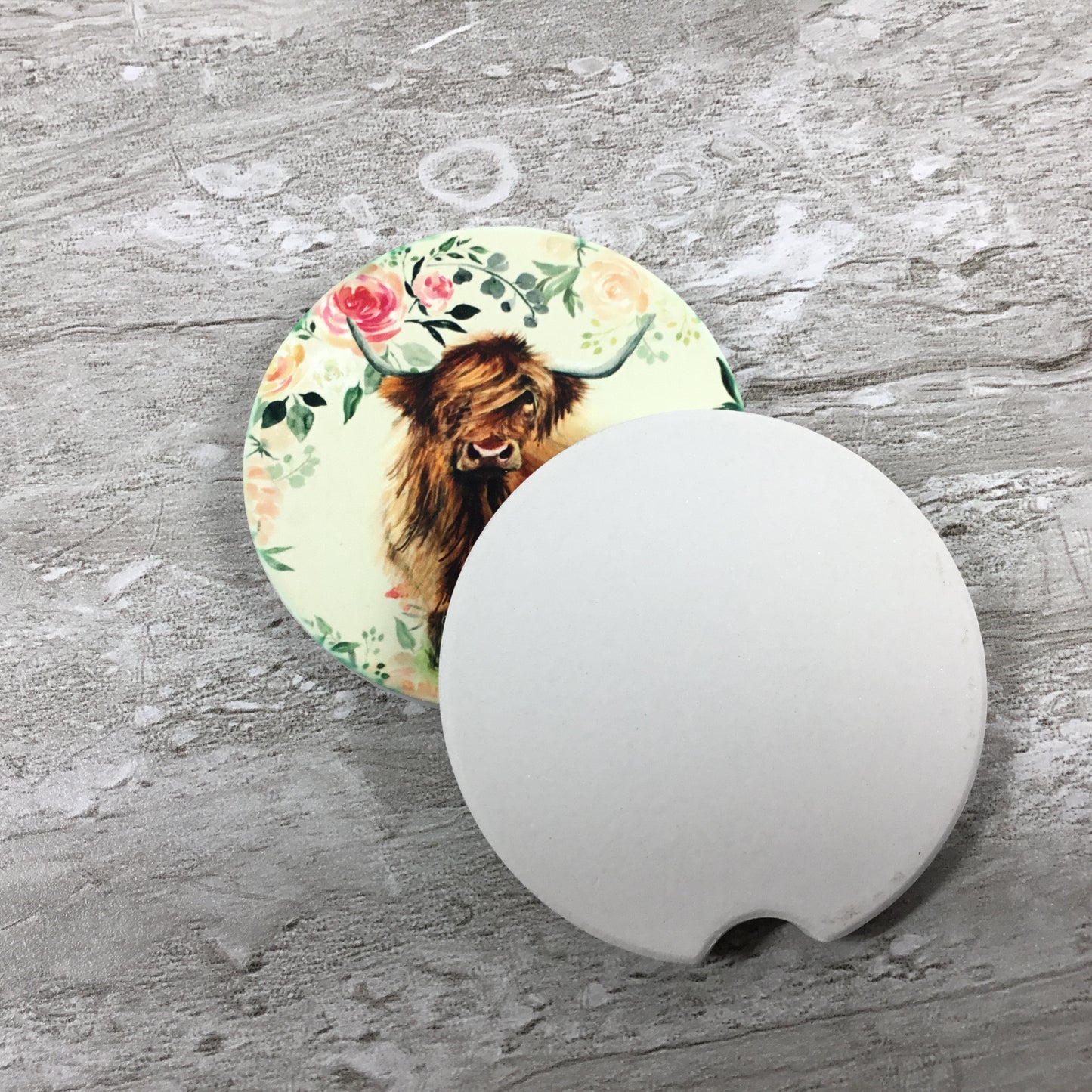 Floral Highland Cow Car Coasters, Set of 2