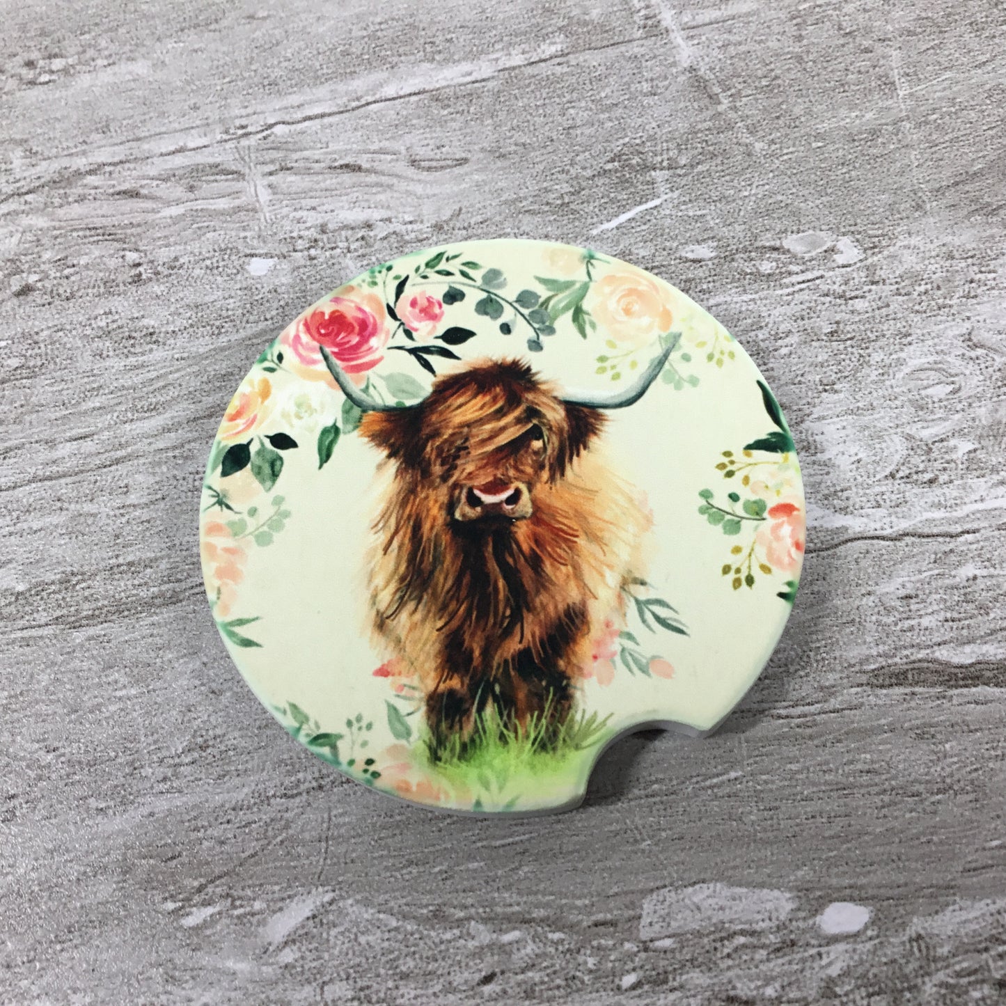 Floral Highland Cow Car Coasters, Set of 2
