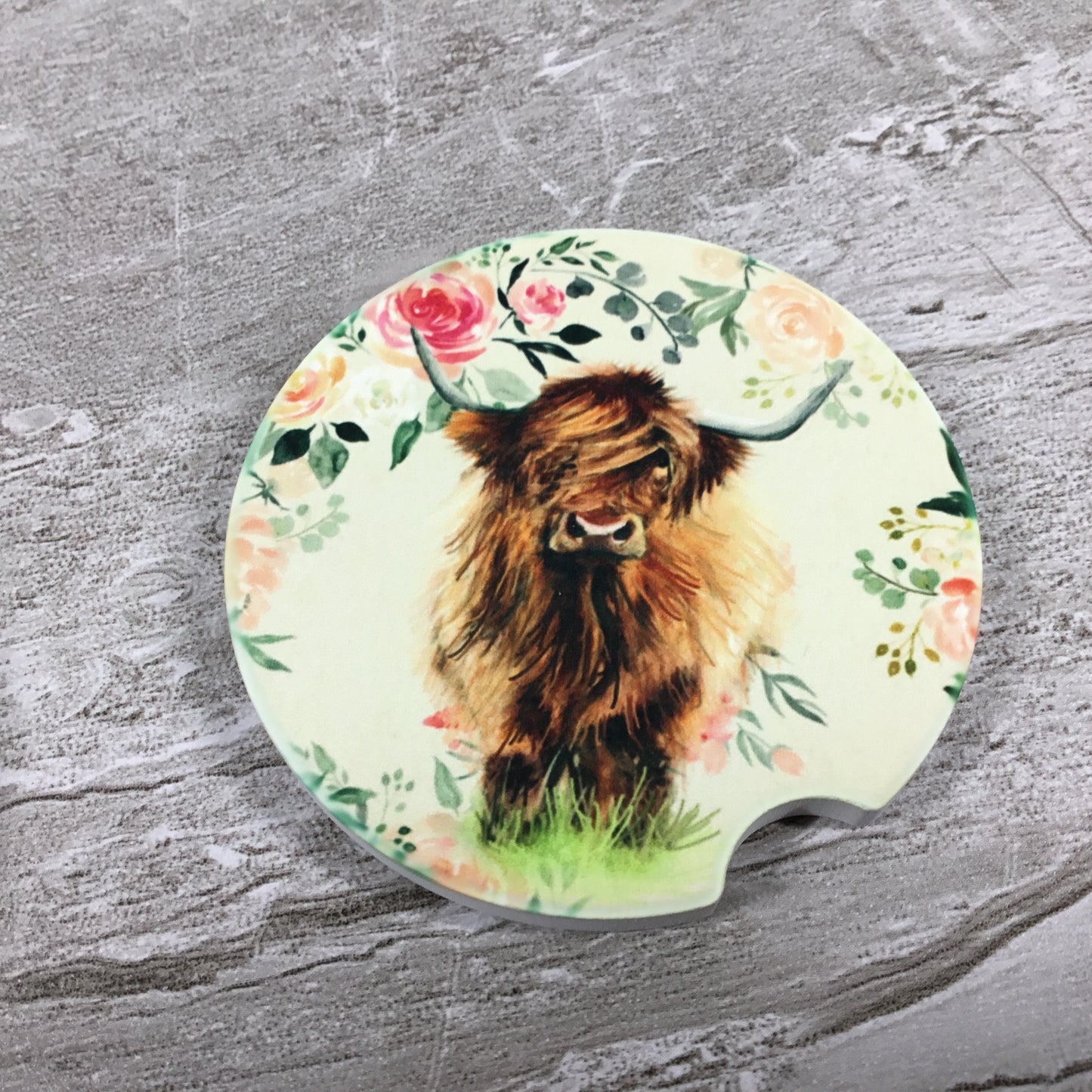 Floral Highland Cow Car Coasters, Set of 2