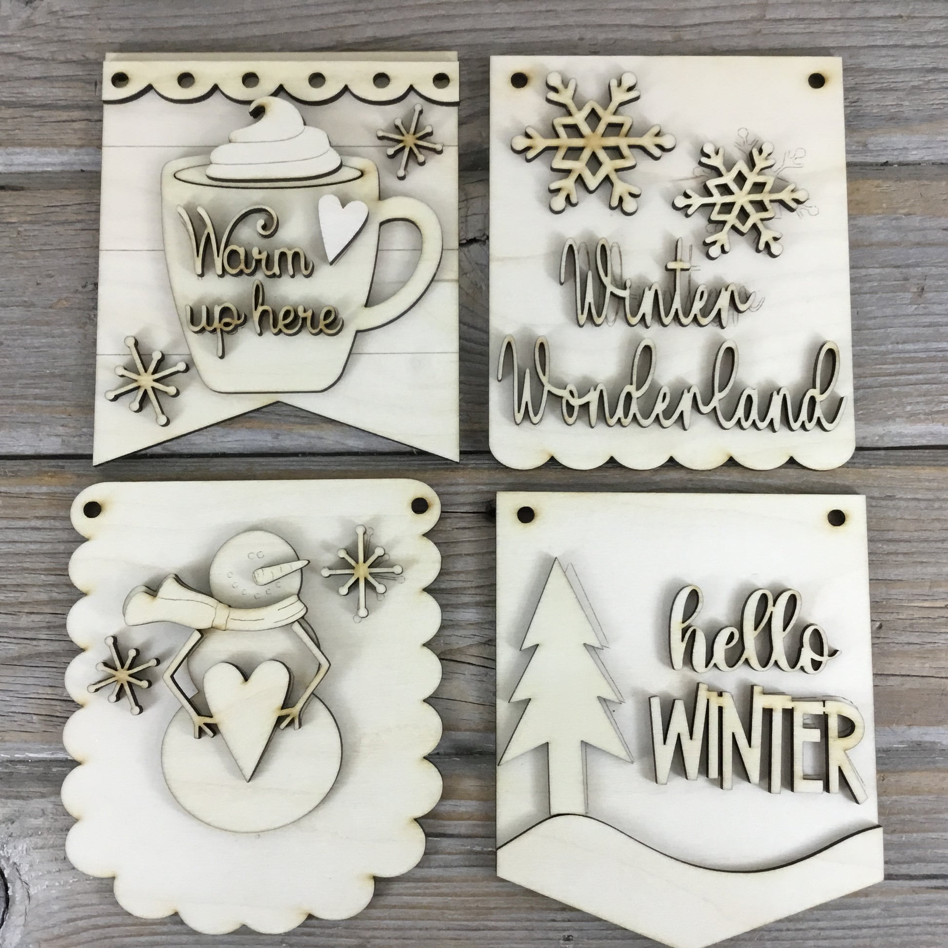 4 Winter Mini Hanging Signs Wood Blanks DIY Decor Set Unpainted