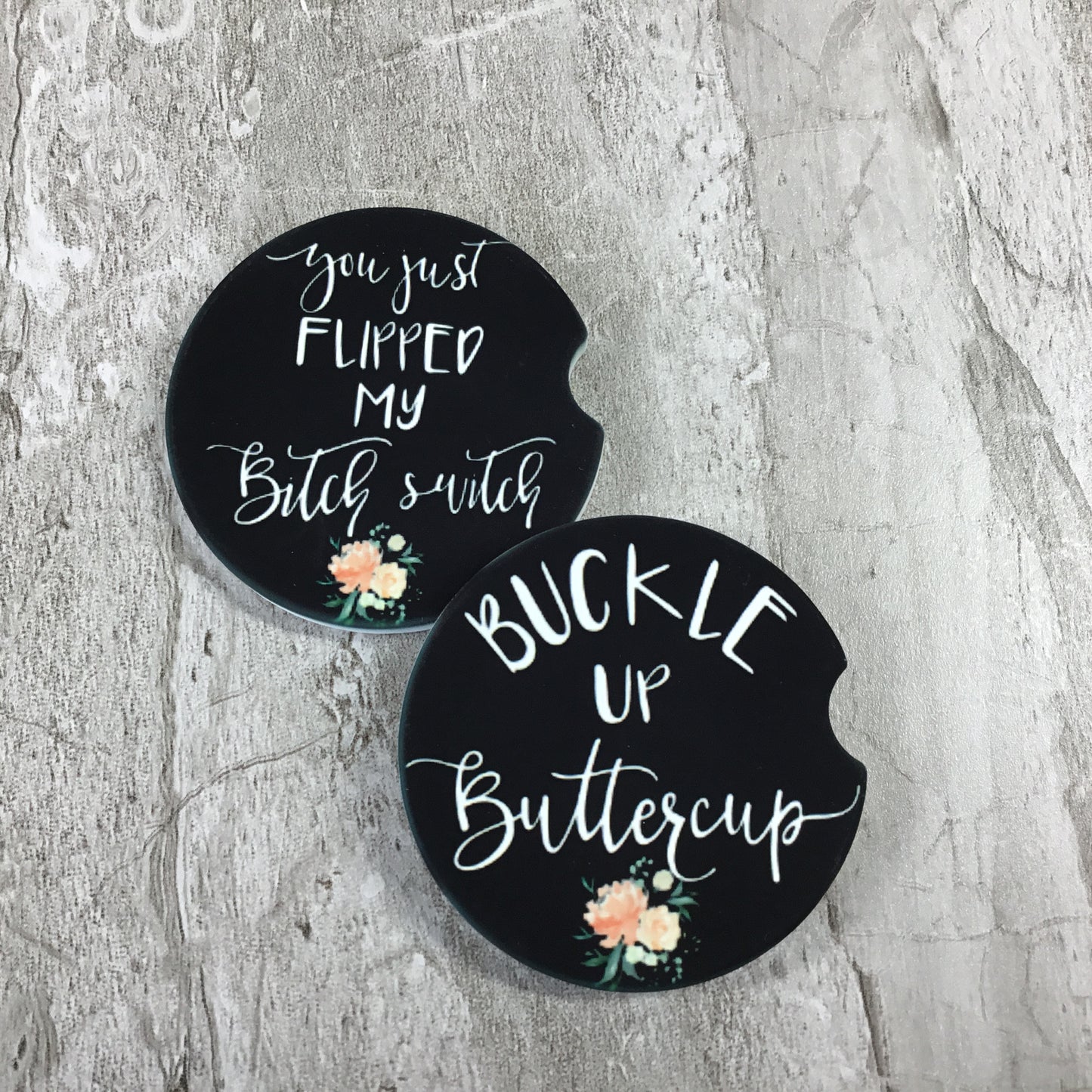 Funny Car Coasters Set of 2 - Buckle Up Buttercup & Bitch Switch